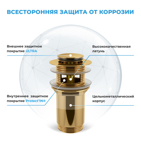 Набор 2 в 1 Сифон для раковины + донный клапан Wellsee Drainage System 182116001, золото