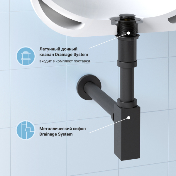 Набор 2 в 1 Сифон для раковины + донный клапан Wellsee Drainage System 182110002, матовый черный