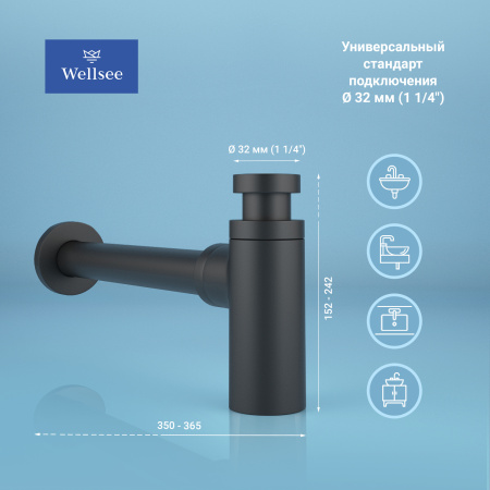 Набор 2 в 1 Сифон для раковины + донный клапан Wellsee Drainage System 182105002,  матовый черный