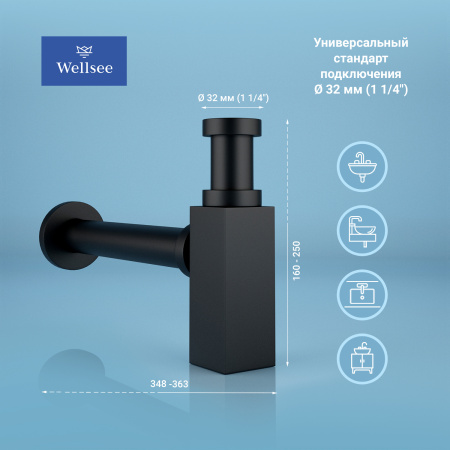 Набор 2 в 1 Сифон для раковины + донный клапан Wellsee Drainage System 182110003, матовый черный