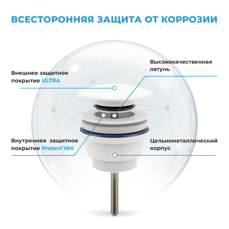 Универсальный донный клапан для раковины Wellsee Drainage System 182143000, для умывальников с переливом/без перелива, латунь, матовый белый