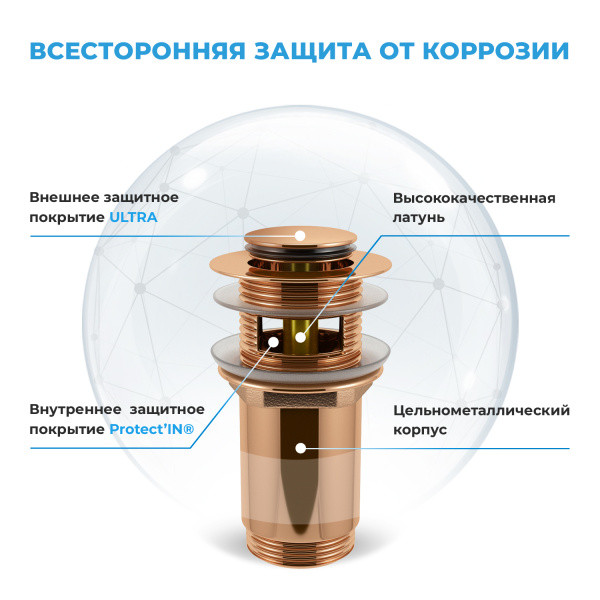 Донный клапан для раковины с переливом Wellsee Drainage System 182132000, латунь, розовое золото